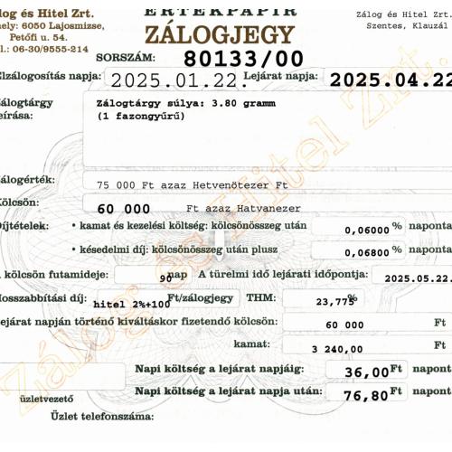 S-80133 sz. zálogjegy