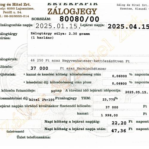 S-80080 sz. zálogjegy