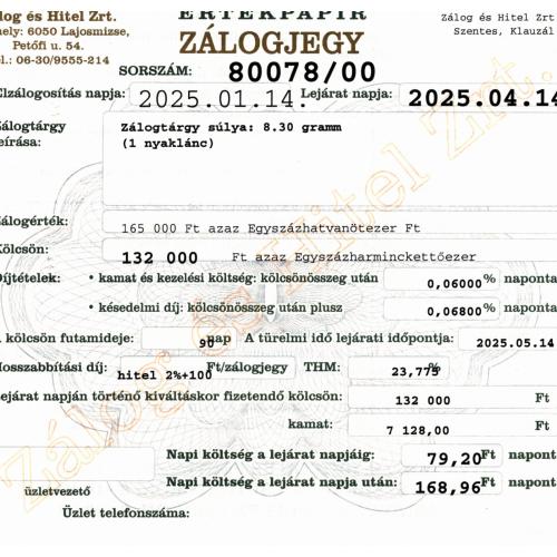 S-80078 sz. zálogjegy