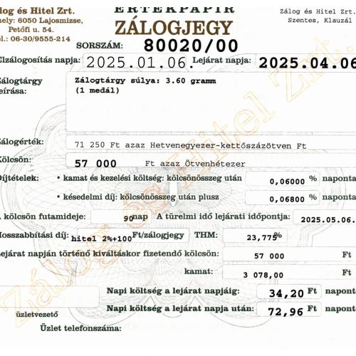 S-80020 sz. zálogjegy