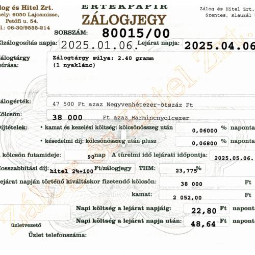 S-80015 sz. zálogjegy