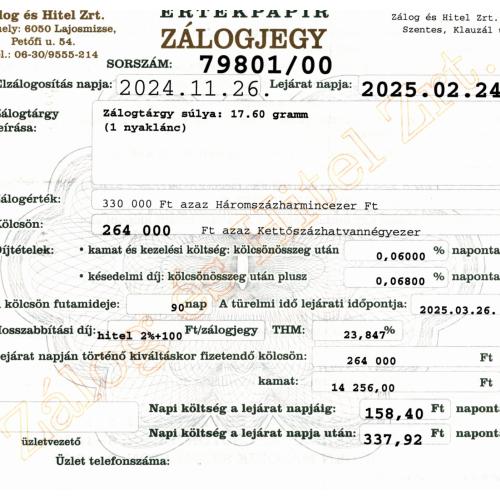 S-79801 sz. zálogjegy