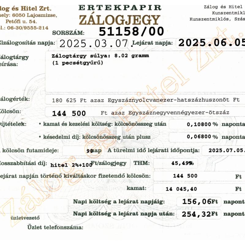 Z-51158 sz. zálogjegy