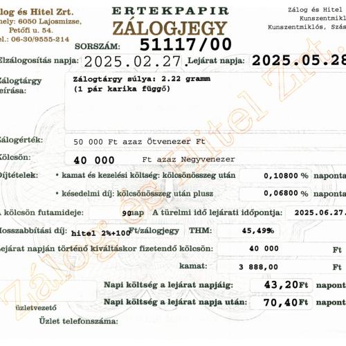 Z-51117 sz. zálogjegy