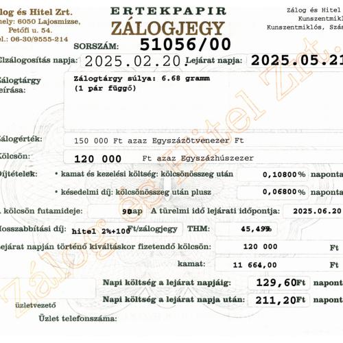 Z-51056 sz. zálogjegy