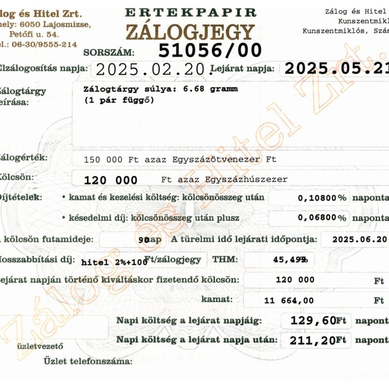 Z-51056 sz. zálogjegy