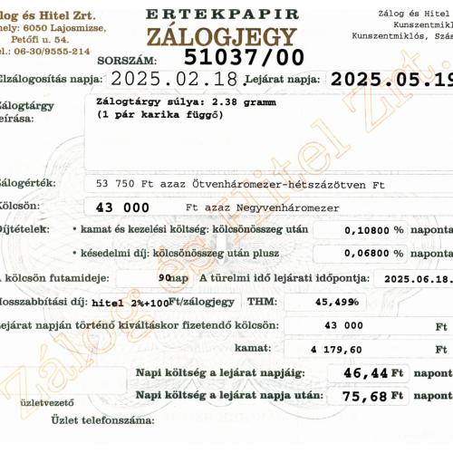 Z-51037 sz. zálogjegy