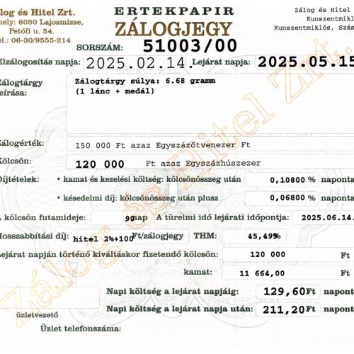 Z-51003 sz. zálogjegy