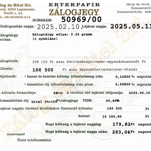 Z-50969 sz. zálogjegy