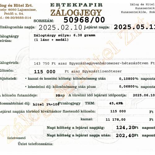 Z-50968 sz. zálogjegy