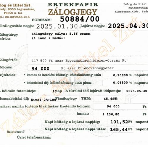 Z-50884 sz. zálogjegy