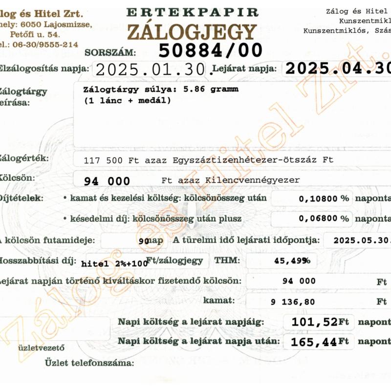 Z-50884 sz. zálogjegy