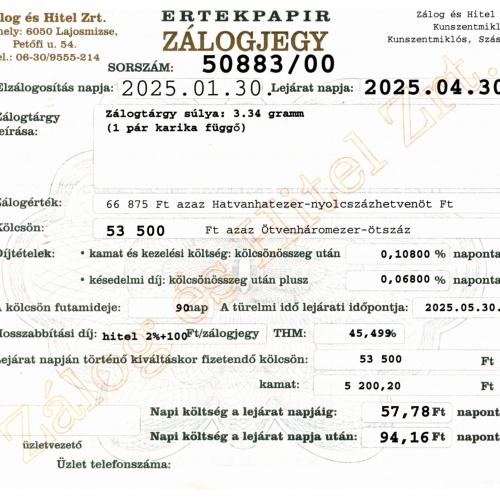 Z-50883 sz. zálogjegy