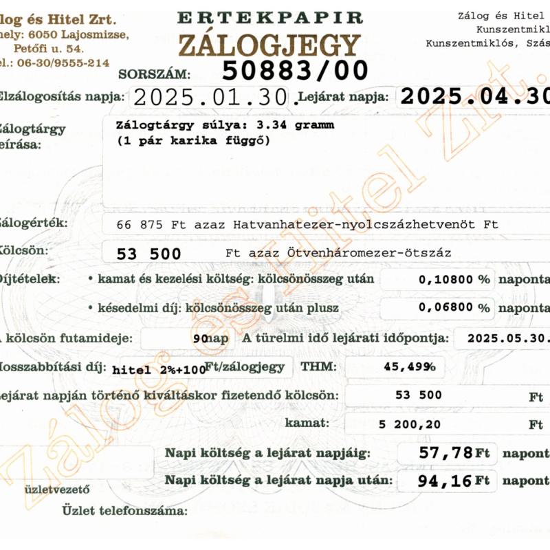 Z-50883 sz. zálogjegy