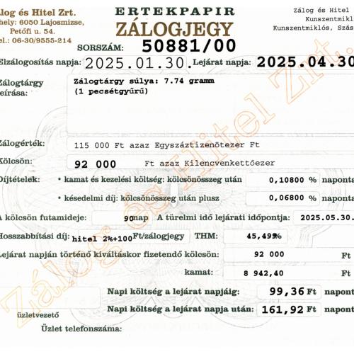 Z-50881 sz. zálogjegy