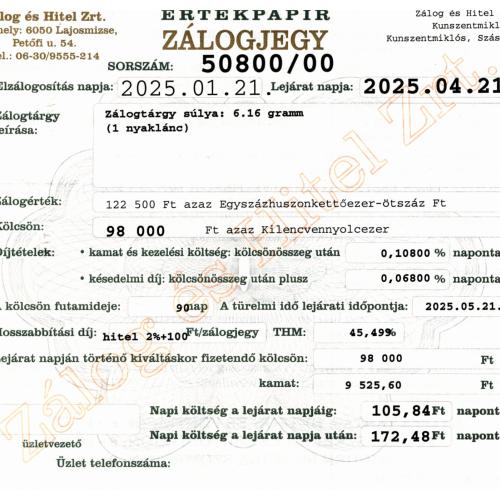 Z-50800 sz. zálogjegy