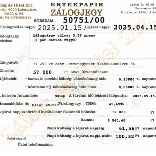 Z-50751 sz. zálogjegy