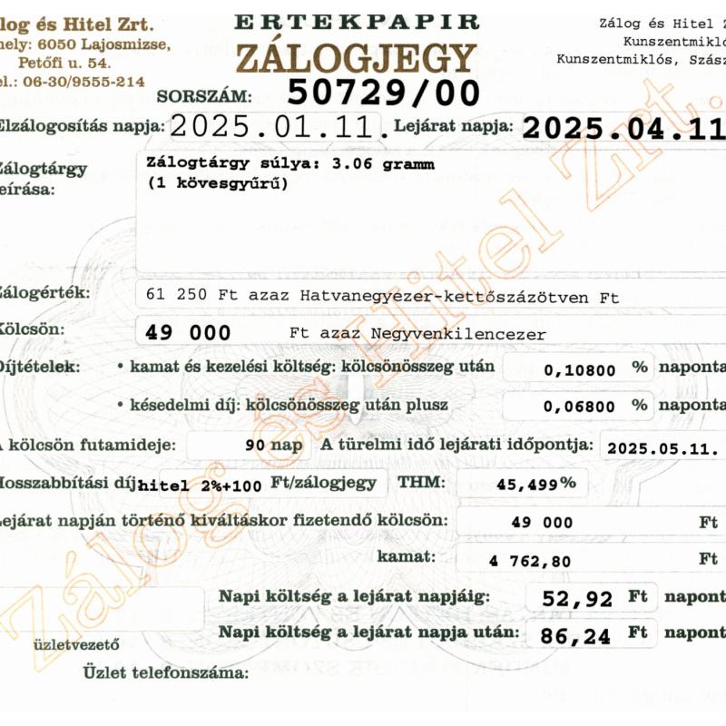 Z-50729 sz. zálogjegy