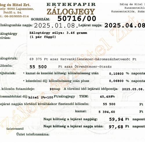 Z-50716 sz. zálogjegy