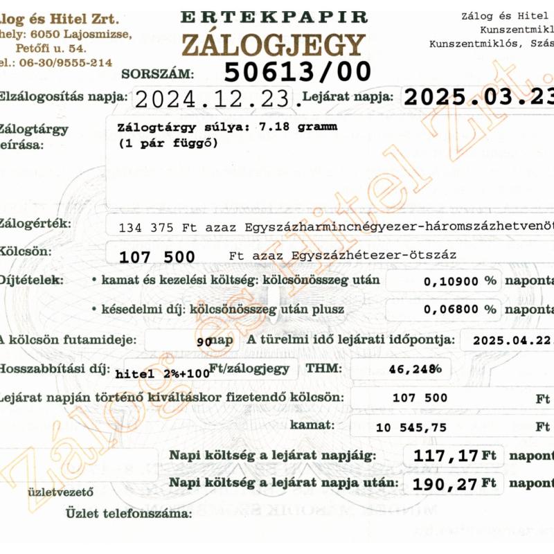 Z-50613 sz. zálogjegy
