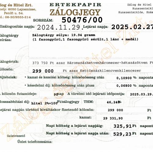 Z-50476 sz. zálogjegy