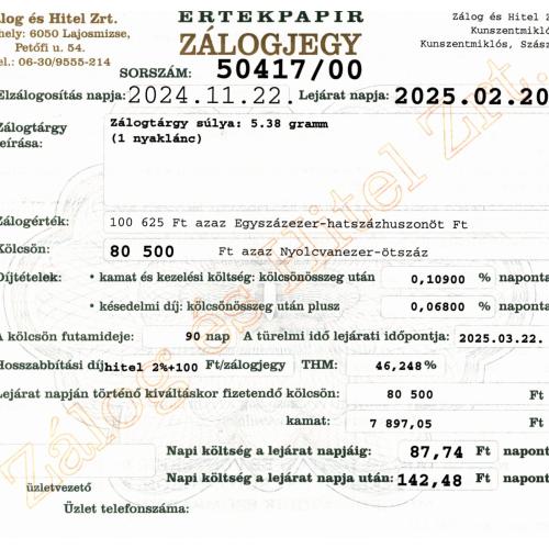 Z-50417 sz. zálogjegy