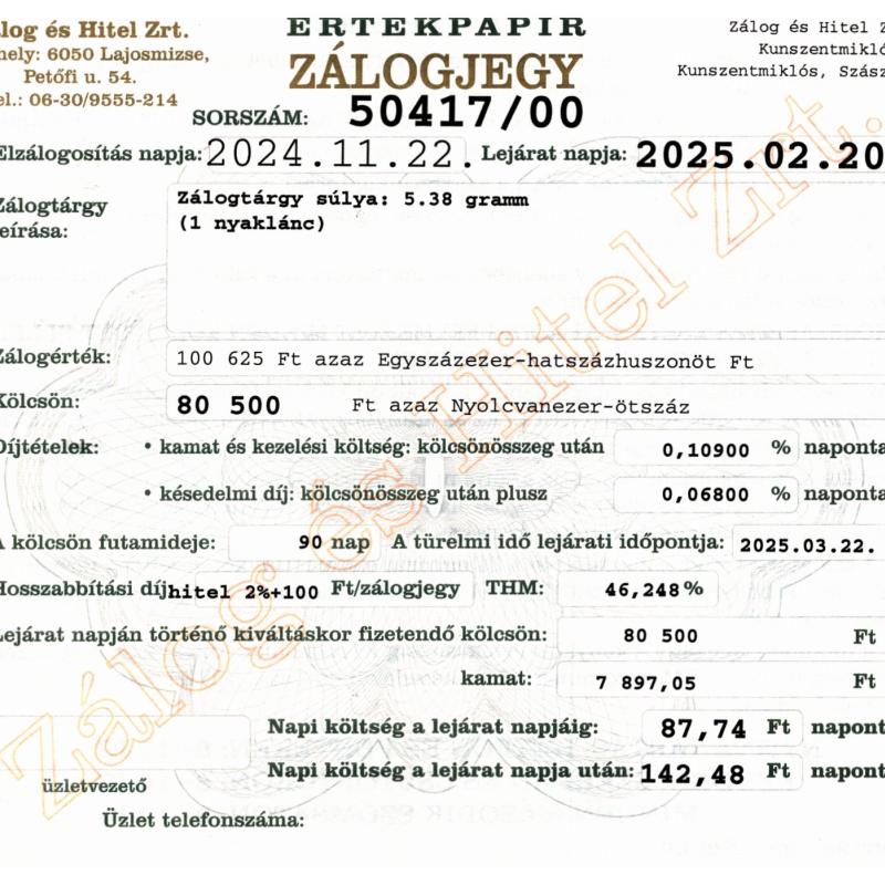 Z-50417 sz. zálogjegy
