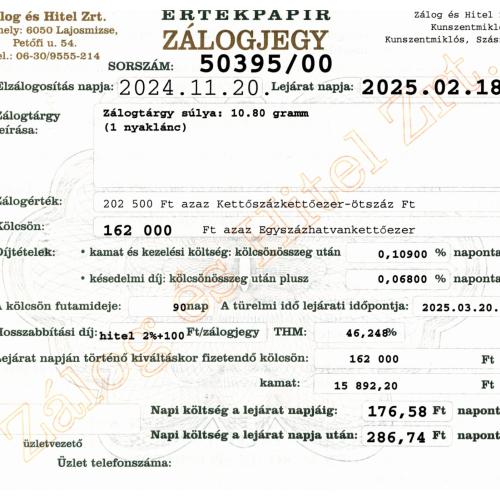 Z-50395 sz. zálogjegy