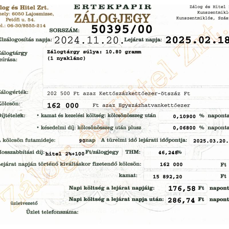 Z-50395 sz. zálogjegy