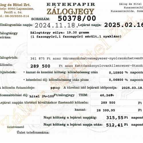 Z-50378 sz. zálogjegy