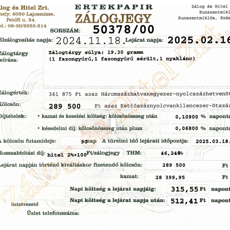 Z-50378 sz. zálogjegy