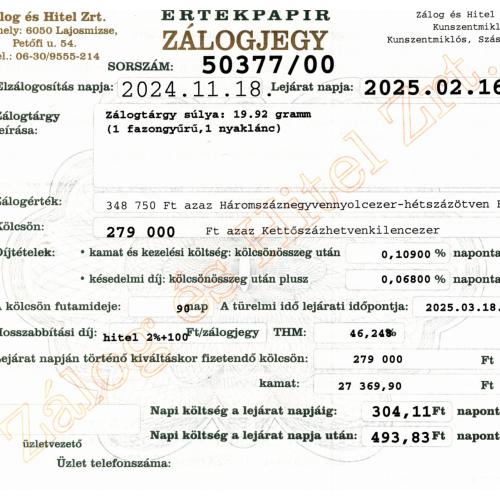 Z-50377 sz. zálogjegy