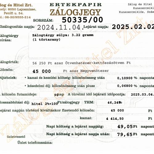 Z-50335 sz. zálogjegy