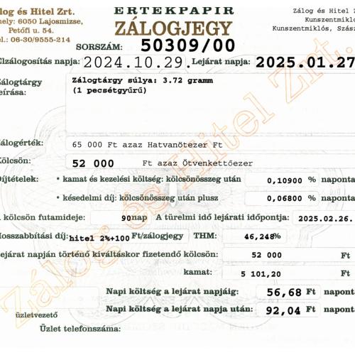 Z-50309 sz. zálogjegy