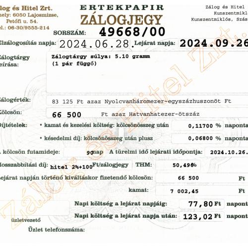 Z-49668 sz. zálogjegy