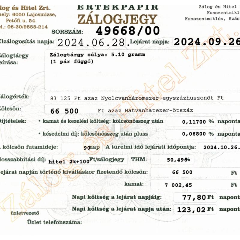 Z-49668 sz. zálogjegy