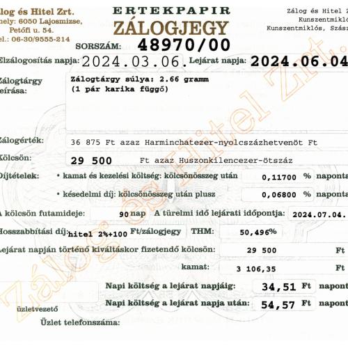 Z-48970 sz. zálogjegy