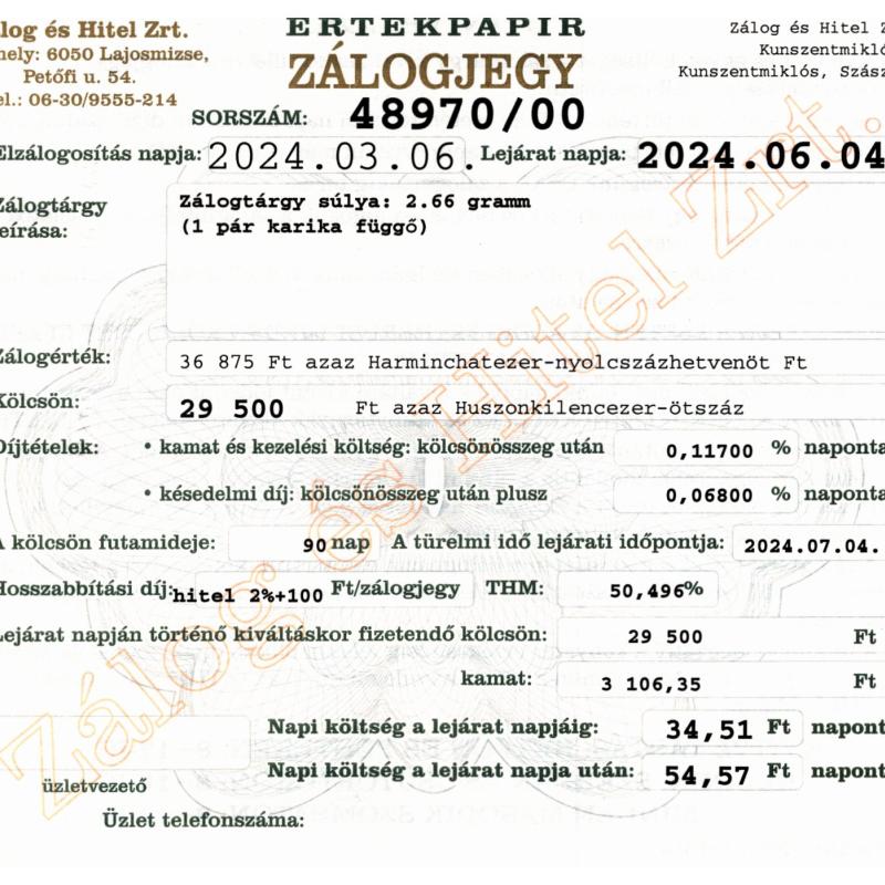 Z-48970 sz. zálogjegy