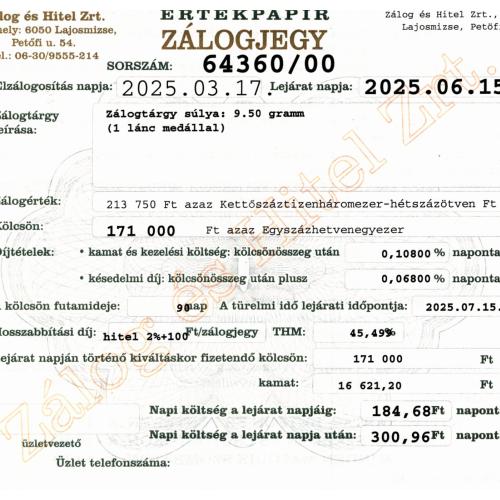 L-64360 sz. zálogjegy