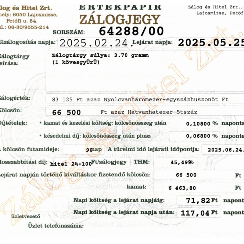 L-64288 sz. zálogjegy