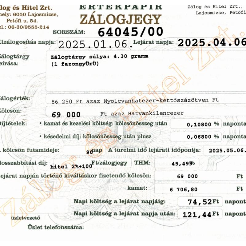 L-64045 sz. zálogjegy