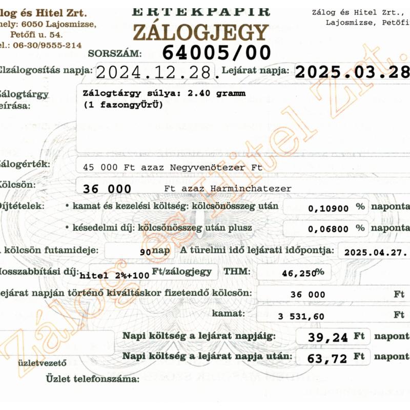 L-64005 sz. zálogjegy