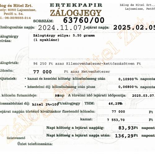 L-63760 sz. zálogjegy