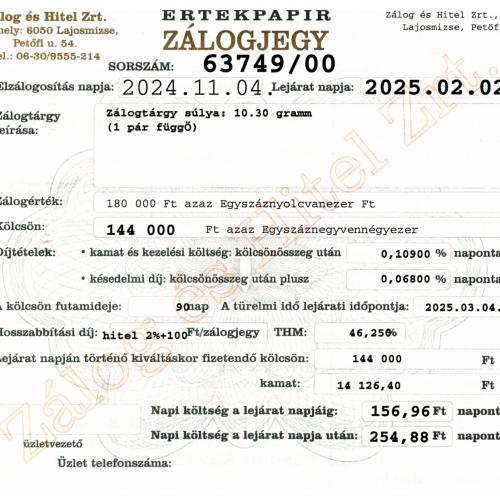 L-63749 sz. zálogjegy