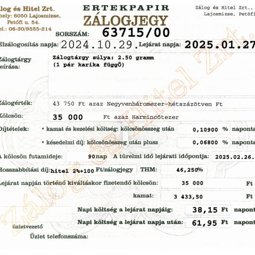 L-63715 sz. zálogjegy