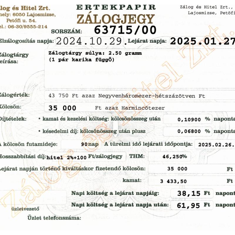 L-63715 sz. zálogjegy