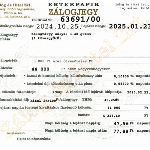 L-63691 sz. zálogjegy