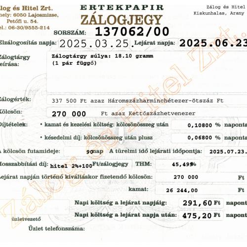 A-137062 sz. zálogjegy