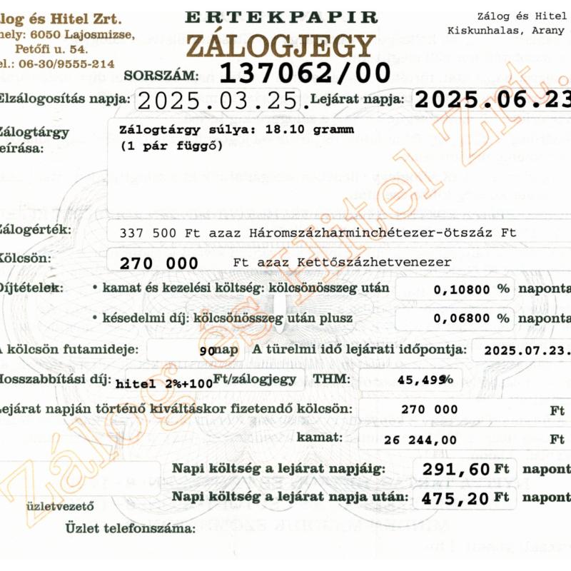 A-137062 sz. zálogjegy
