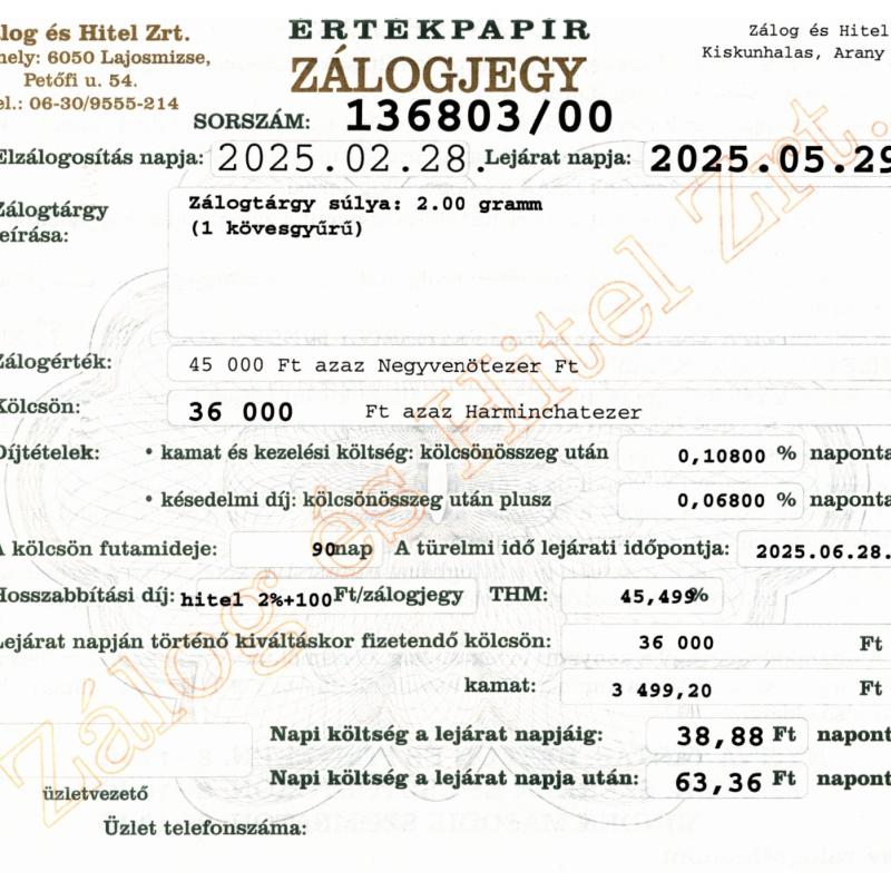 A-136803 sz. zálogjegy